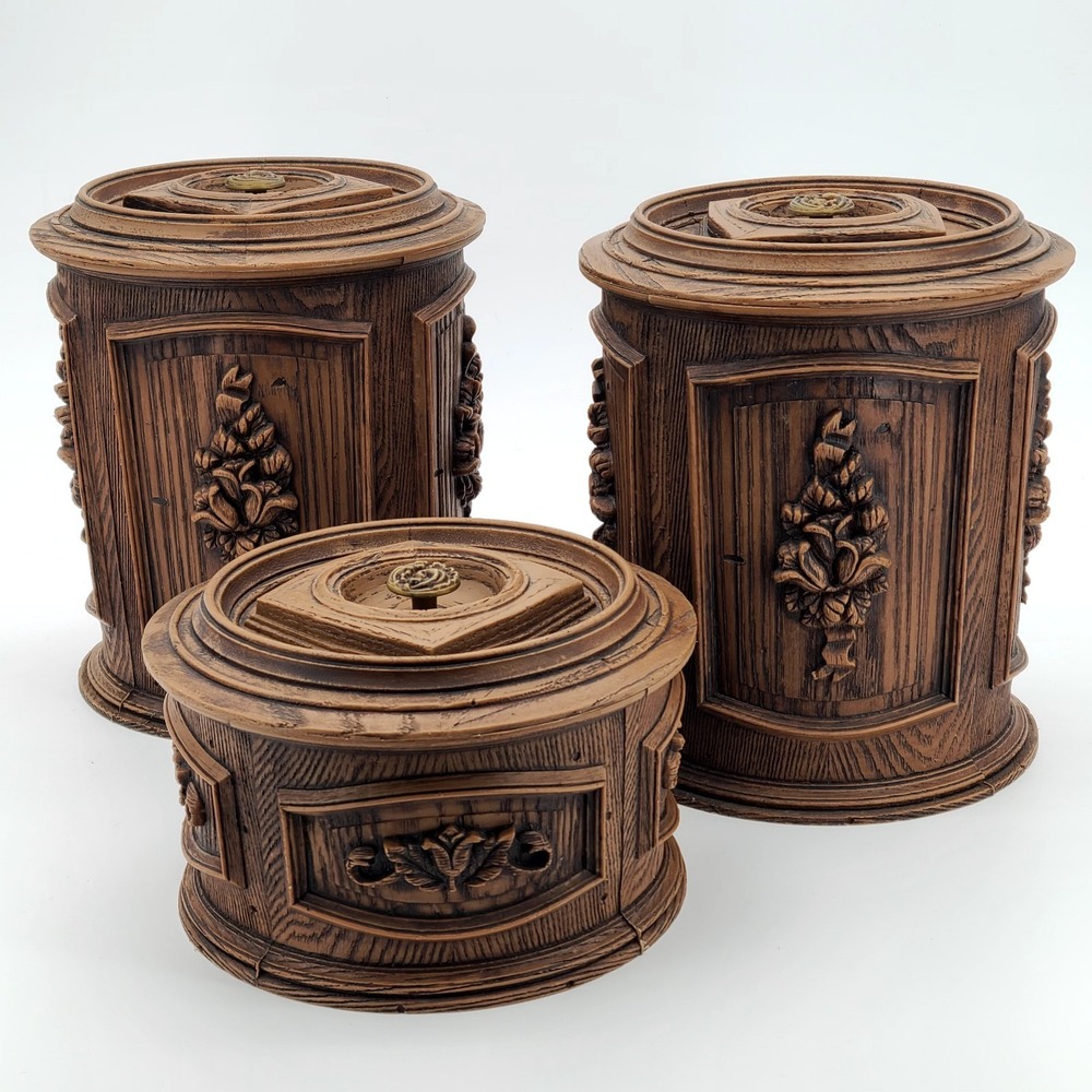 VTG Brentwood Faux Wood Resin Stacking Kitchen Canister set (3 Pc) 1970s 9" & 5"